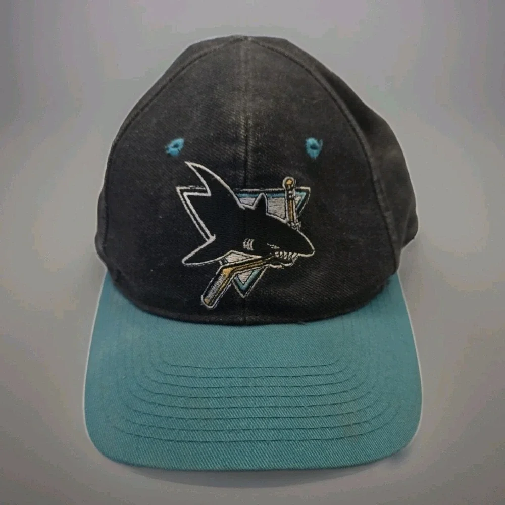 Vintage San Jose Sharks Snapback Dad Hat NHL Shark Logo Black Teal Cap USA Vibes